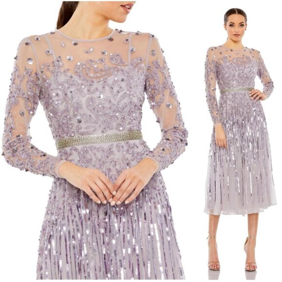 NWT MAC DUGGAL LONG SLEEVE TEA LEGNTH‎ DRESS VINTAGE LILAC  93633 - Picture 1 of 8